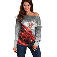 Wales Cardiff Capital Off Shoulder Sweater Welsh Red Dragon Castell Caerdydd - Wonder Print Shop