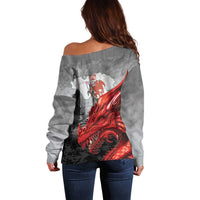 Wales Cardiff Capital Off Shoulder Sweater Welsh Red Dragon Castell Caerdydd - Wonder Print Shop