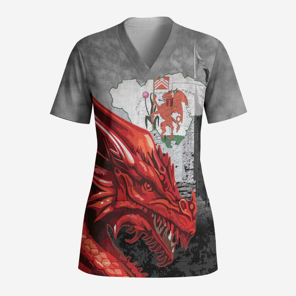 Wales Cardiff Capital Scrub Top Welsh Red Dragon Castell Caerdydd - Wonder Print Shop