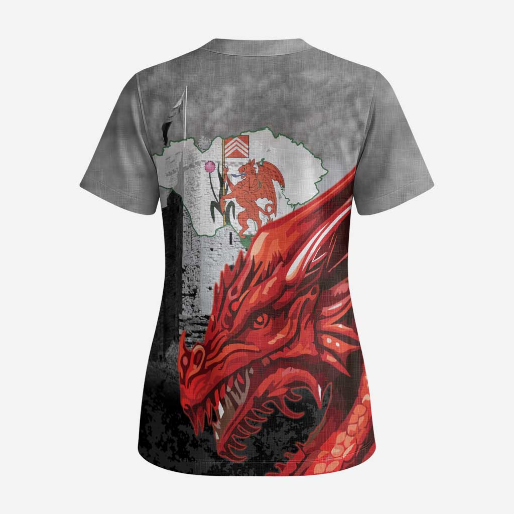 Wales Cardiff Capital Scrub Top Welsh Red Dragon Castell Caerdydd - Wonder Print Shop