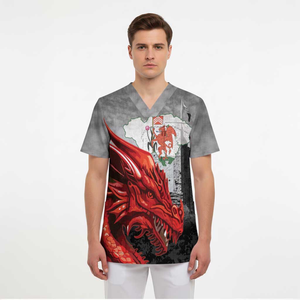 Wales Cardiff Capital Scrub Top Welsh Red Dragon Castell Caerdydd - Wonder Print Shop