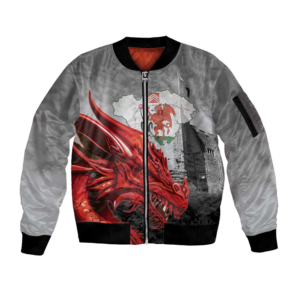 Wales Cardiff Capital Sleeve Zip Bomber Jacket Welsh Red Dragon Castell Caerdydd - Wonder Print Shop