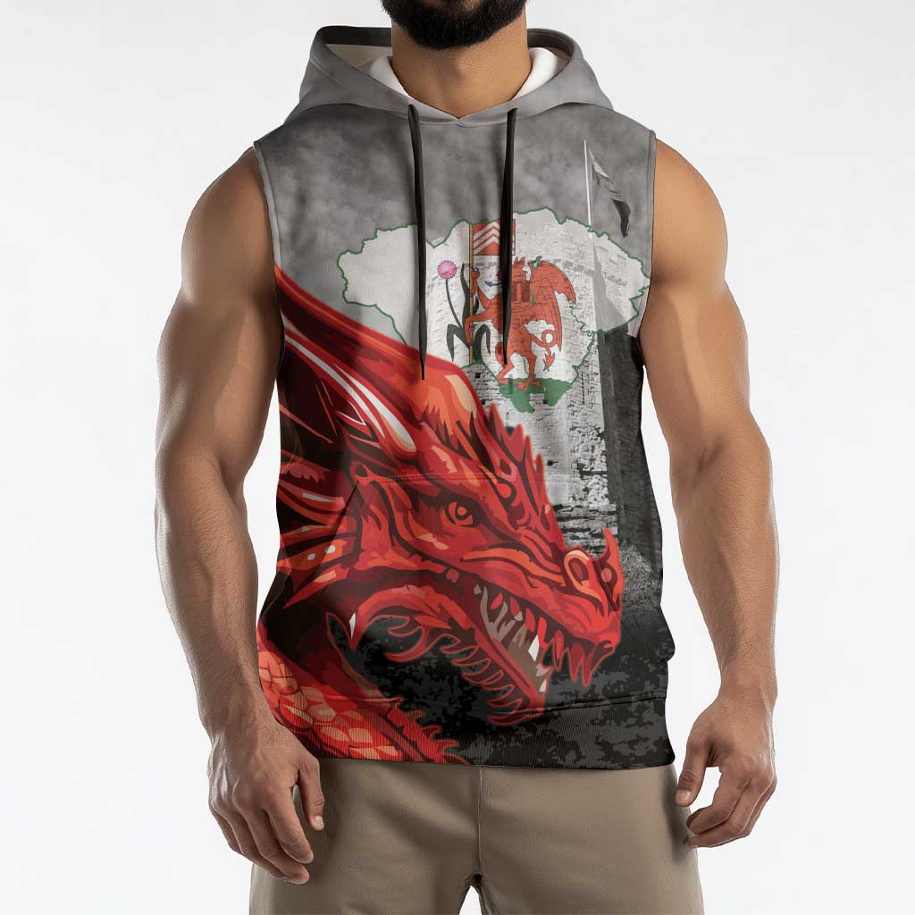 Wales Cardiff Capital Sleeveless Hoodie Welsh Red Dragon Castell Caerdydd - Wonder Print Shop
