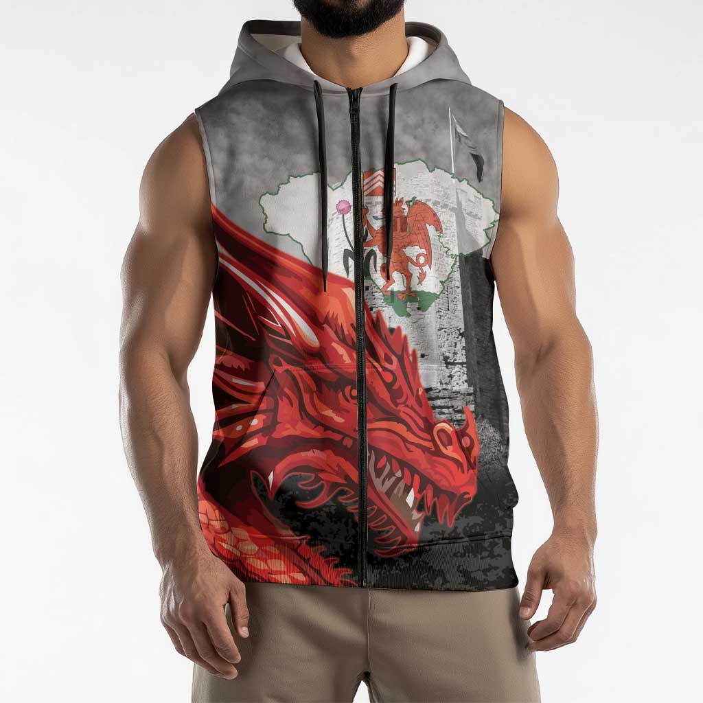 Wales Cardiff Capital Sleeveless Zip Hoodie Welsh Red Dragon Castell Caerdydd - Wonder Print Shop