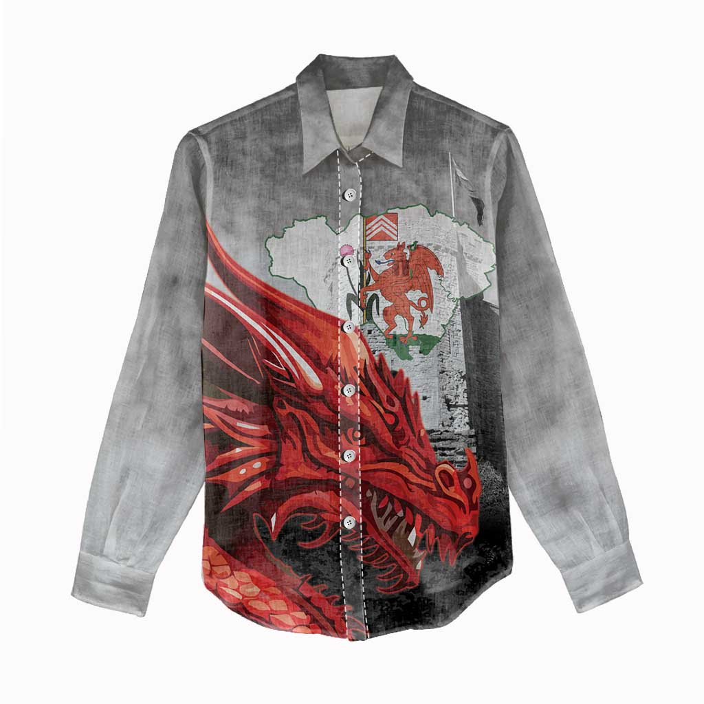 Wales Cardiff Capital Women Casual Shirt Welsh Red Dragon Castell Caerdydd - Wonder Print Shop