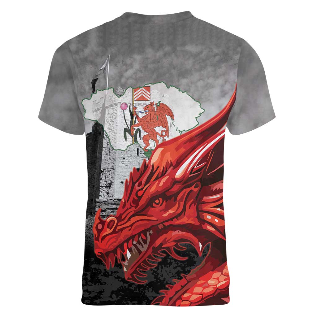 Wales Cardiff Capital Women V-Neck T-Shirt Welsh Red Dragon Castell Caerdydd - Wonder Print Shop