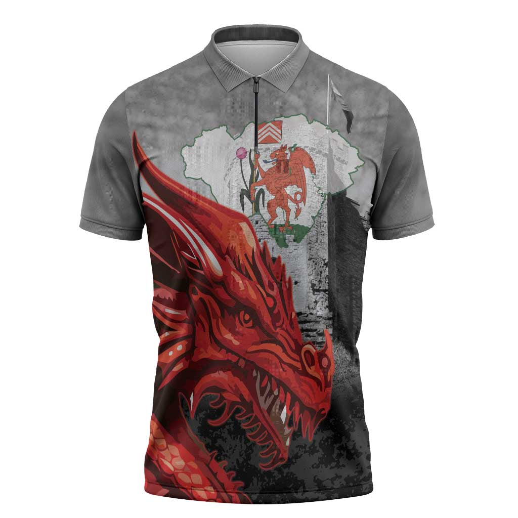 Wales Cardiff Capital Zipper Polo Shirt Welsh Red Dragon Castell Caerdydd - Wonder Print Shop