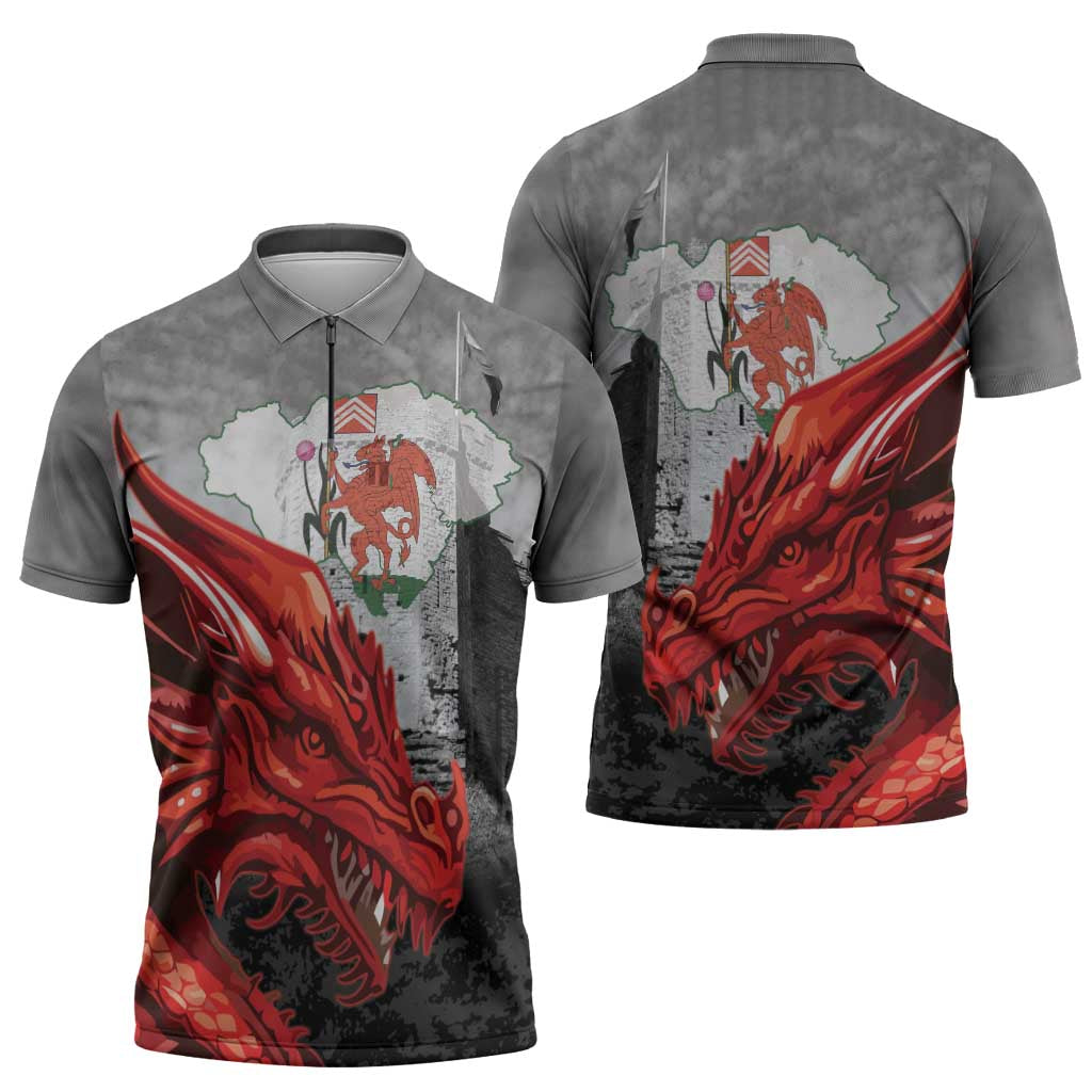 Wales Cardiff Capital Zipper Polo Shirt Welsh Red Dragon Castell Caerdydd - Wonder Print Shop