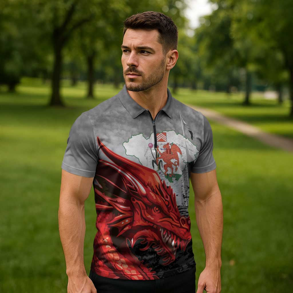 Wales Cardiff Capital Zipper Polo Shirt Welsh Red Dragon Castell Caerdydd - Wonder Print Shop