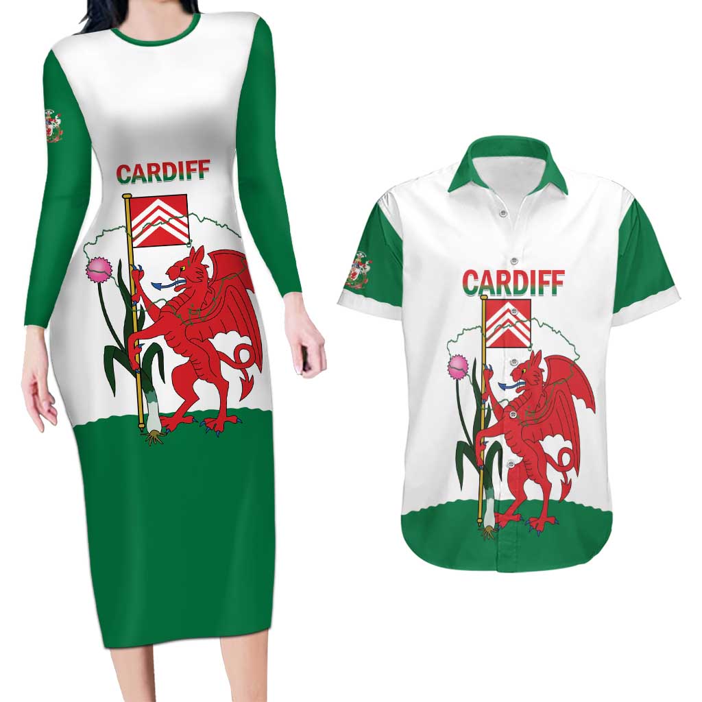 Personalised Wales Cardiff Capital Couples Matching Long Sleeve Bodycon Dress and Hawaiian Shirt Welsh Dragon Glamorgan Flag Style - Wonder Print Shop