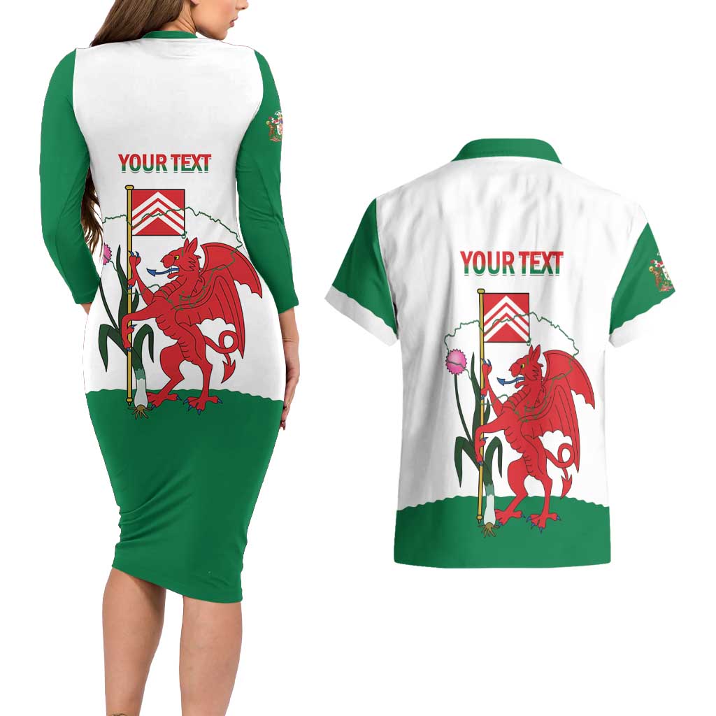 Personalised Wales Cardiff Capital Couples Matching Long Sleeve Bodycon Dress and Hawaiian Shirt Welsh Dragon Glamorgan Flag Style - Wonder Print Shop