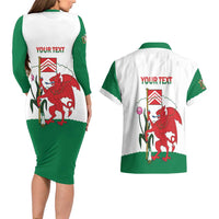 Personalised Wales Cardiff Capital Couples Matching Long Sleeve Bodycon Dress and Hawaiian Shirt Welsh Dragon Glamorgan Flag Style - Wonder Print Shop