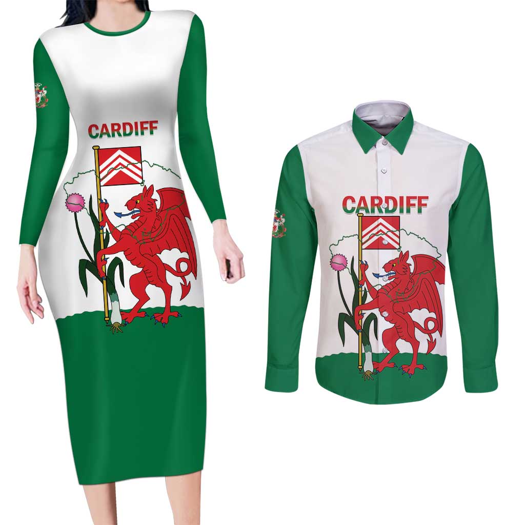 Personalised Wales Cardiff Capital Couples Matching Long Sleeve Bodycon Dress and Long Sleeve Button Shirt Welsh Dragon Glamorgan Flag Style - Wonder Print Shop