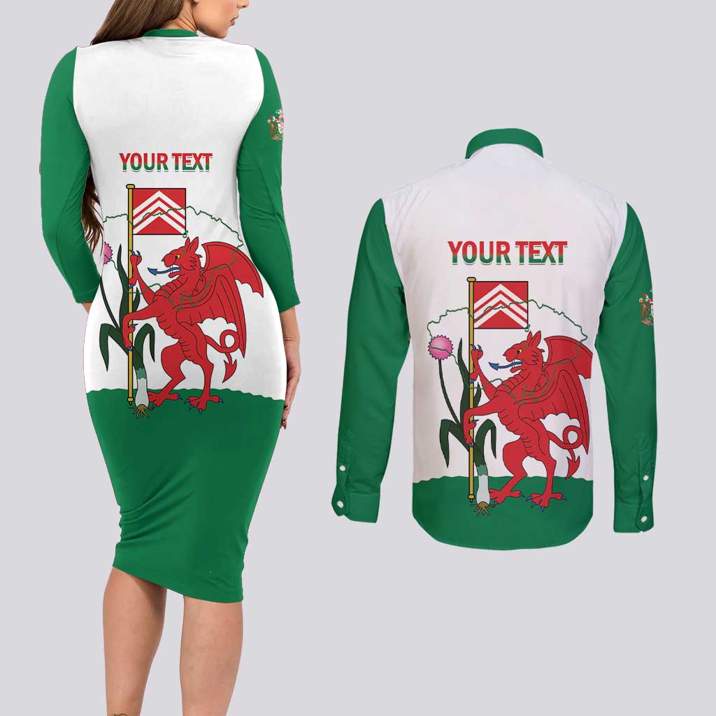 Personalised Wales Cardiff Capital Couples Matching Long Sleeve Bodycon Dress and Long Sleeve Button Shirt Welsh Dragon Glamorgan Flag Style - Wonder Print Shop