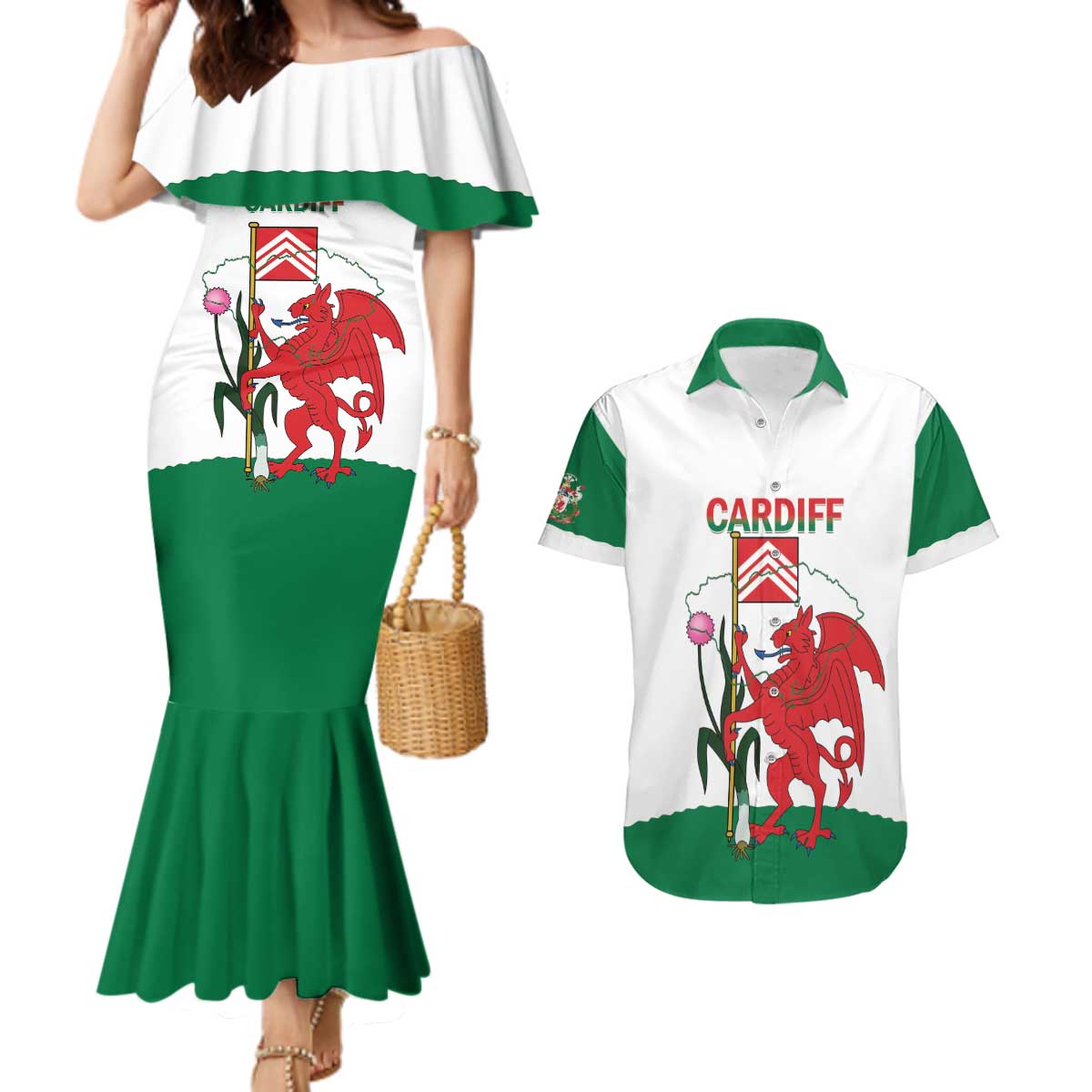 Personalised Wales Cardiff Capital Couples Matching Mermaid Dress and Hawaiian Shirt Welsh Dragon Glamorgan Flag Style - Wonder Print Shop