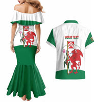 Personalised Wales Cardiff Capital Couples Matching Mermaid Dress and Hawaiian Shirt Welsh Dragon Glamorgan Flag Style - Wonder Print Shop