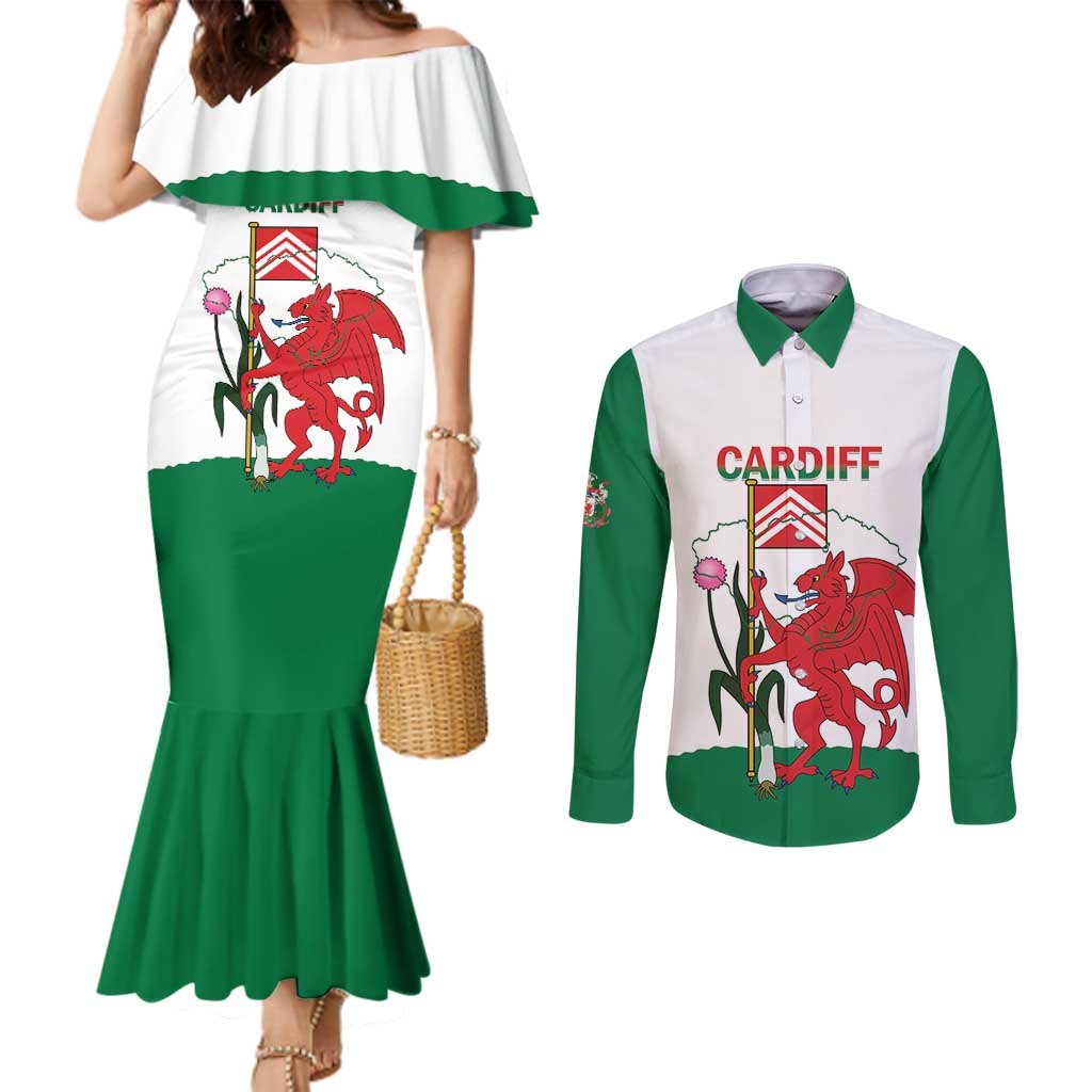 Personalised Wales Cardiff Capital Couples Matching Mermaid Dress and Long Sleeve Button Shirt Welsh Dragon Glamorgan Flag Style - Wonder Print Shop