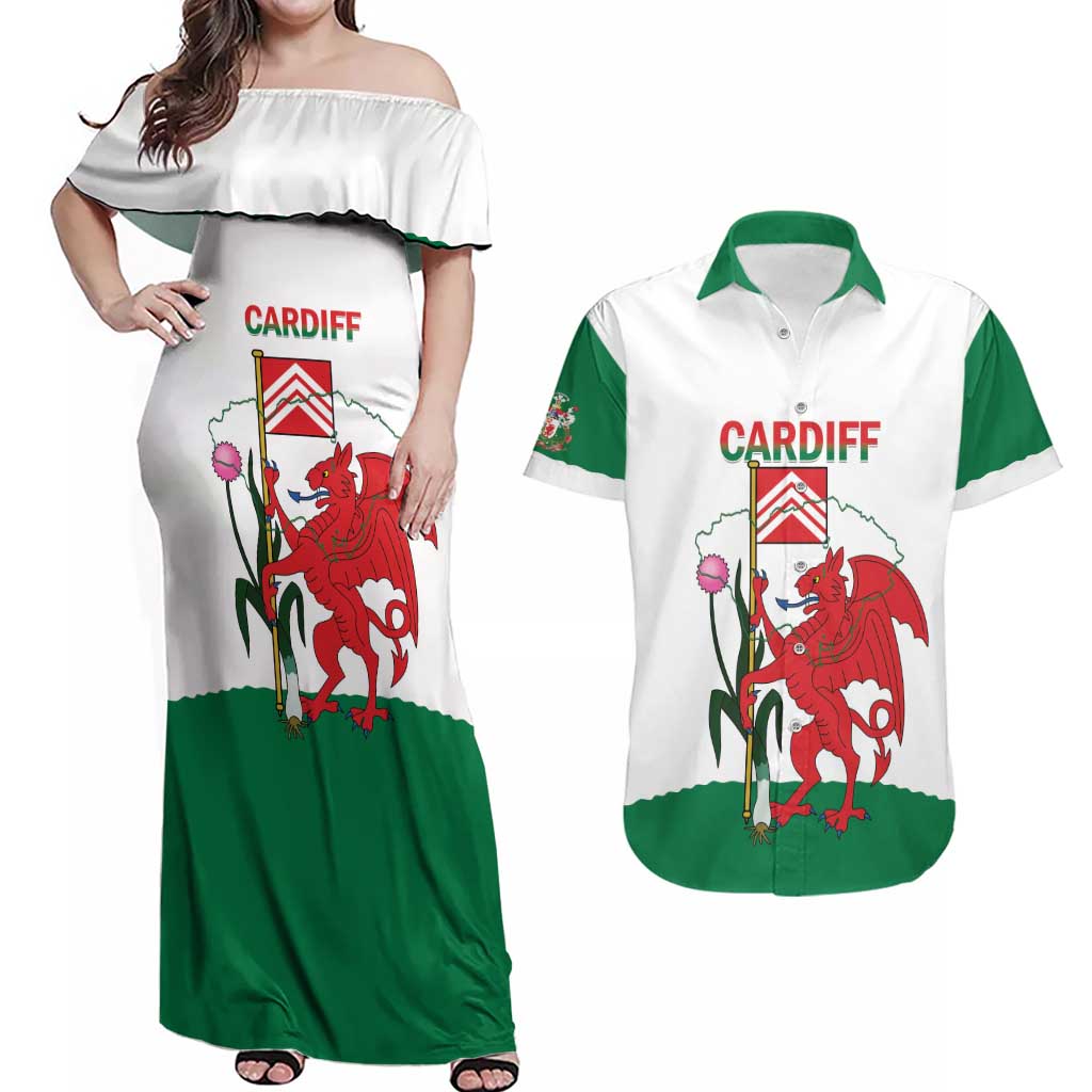 Personalised Wales Cardiff Capital Couples Matching Off Shoulder Maxi Dress and Hawaiian Shirt Welsh Dragon Glamorgan Flag Style - Wonder Print Shop