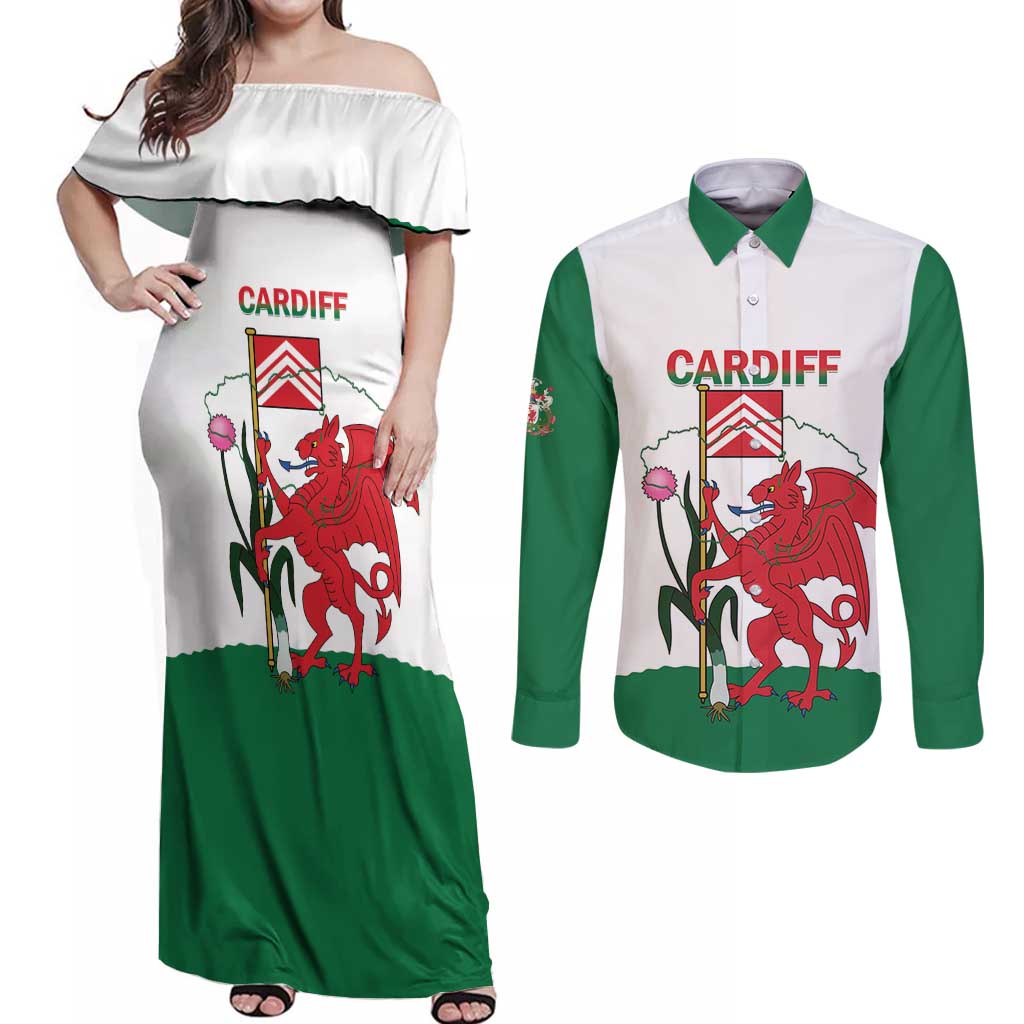 Personalised Wales Cardiff Capital Couples Matching Off Shoulder Maxi Dress and Long Sleeve Button Shirt Welsh Dragon Glamorgan Flag Style - Wonder Print Shop