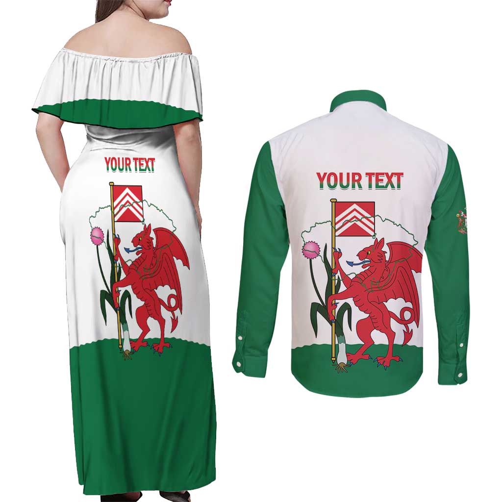 Personalised Wales Cardiff Capital Couples Matching Off Shoulder Maxi Dress and Long Sleeve Button Shirt Welsh Dragon Glamorgan Flag Style - Wonder Print Shop
