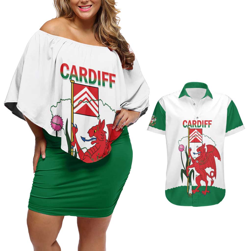 Personalised Wales Cardiff Capital Couples Matching Off Shoulder Short Dress and Hawaiian Shirt Welsh Dragon Glamorgan Flag Style - Wonder Print Shop