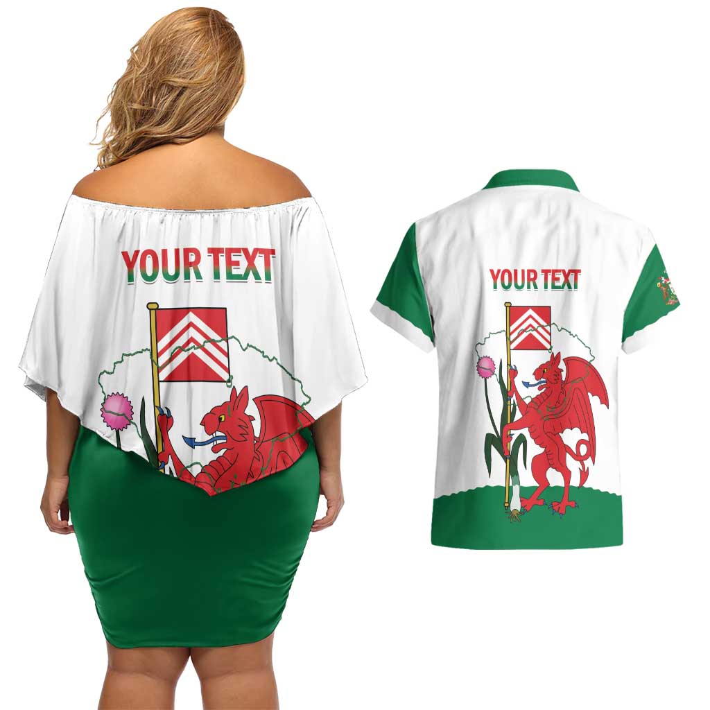 Personalised Wales Cardiff Capital Couples Matching Off Shoulder Short Dress and Hawaiian Shirt Welsh Dragon Glamorgan Flag Style - Wonder Print Shop
