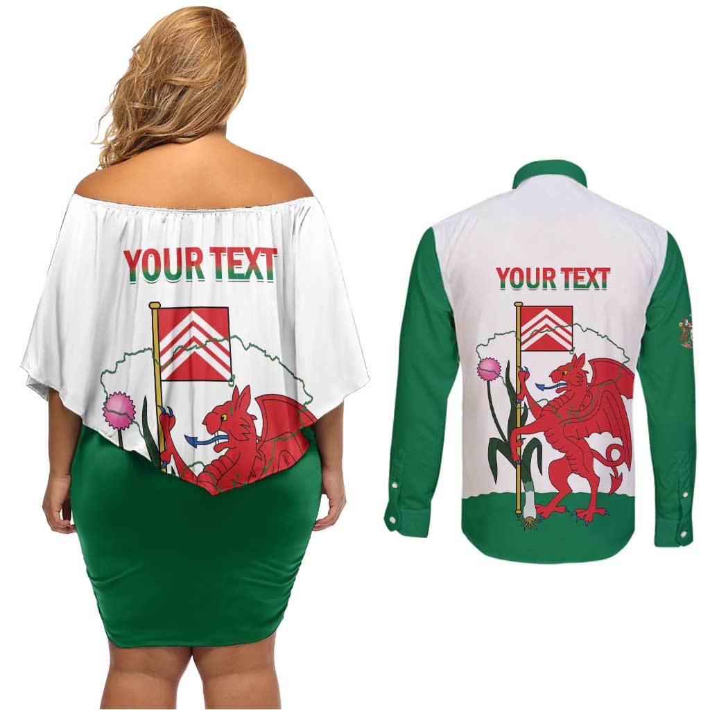 Personalised Wales Cardiff Capital Couples Matching Off Shoulder Short Dress and Long Sleeve Button Shirt Welsh Dragon Glamorgan Flag Style - Wonder Print Shop