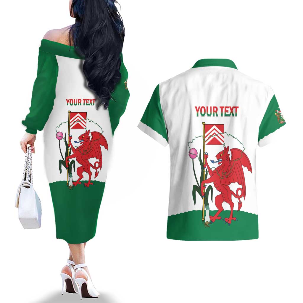 Personalised Wales Cardiff Capital Couples Matching Off The Shoulder Long Sleeve Dress and Hawaiian Shirt Welsh Dragon Glamorgan Flag Style - Wonder Print Shop