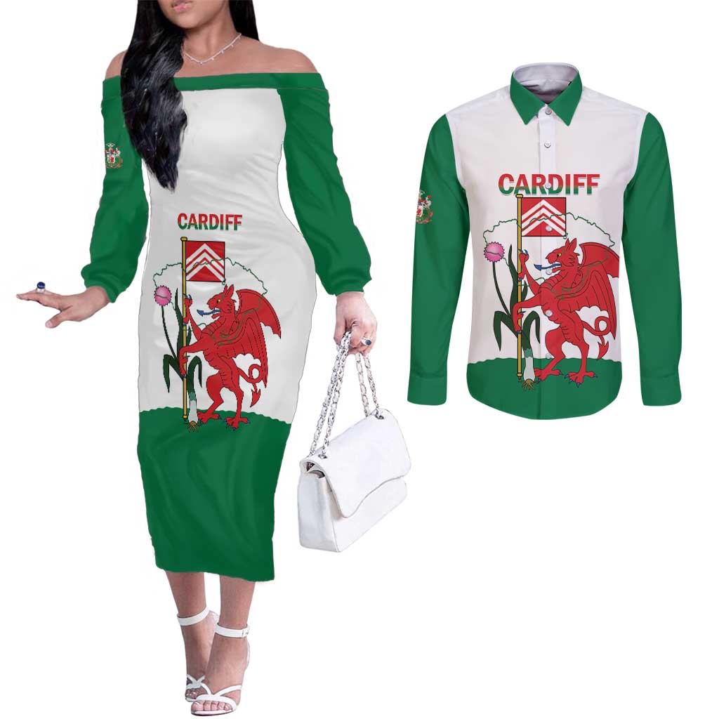 Personalised Wales Cardiff Capital Couples Matching Off The Shoulder Long Sleeve Dress and Long Sleeve Button Shirt Welsh Dragon Glamorgan Flag Style - Wonder Print Shop