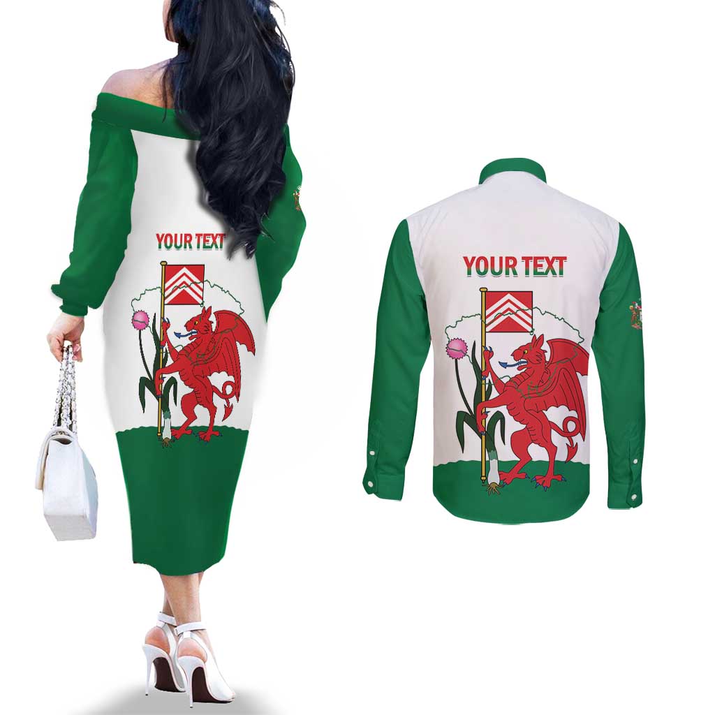Personalised Wales Cardiff Capital Couples Matching Off The Shoulder Long Sleeve Dress and Long Sleeve Button Shirt Welsh Dragon Glamorgan Flag Style - Wonder Print Shop