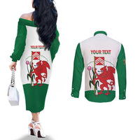 Personalised Wales Cardiff Capital Couples Matching Off The Shoulder Long Sleeve Dress and Long Sleeve Button Shirt Welsh Dragon Glamorgan Flag Style - Wonder Print Shop