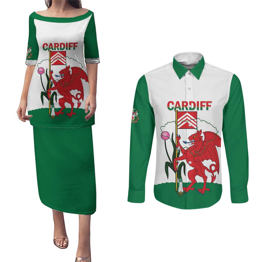 Personalised Wales Cardiff Capital Couples Matching Puletasi and Long Sleeve Button Shirt Welsh Dragon Glamorgan Flag Style - Wonder Print Shop