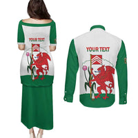 Personalised Wales Cardiff Capital Couples Matching Puletasi and Long Sleeve Button Shirt Welsh Dragon Glamorgan Flag Style - Wonder Print Shop