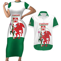 Personalised Wales Cardiff Capital Couples Matching Short Sleeve Bodycon Dress and Hawaiian Shirt Welsh Dragon Glamorgan Flag Style - Wonder Print Shop