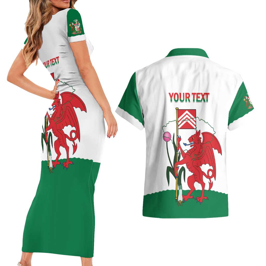 Personalised Wales Cardiff Capital Couples Matching Short Sleeve Bodycon Dress and Hawaiian Shirt Welsh Dragon Glamorgan Flag Style - Wonder Print Shop