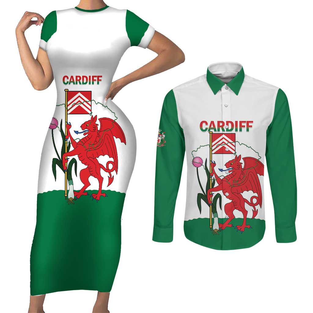 Personalised Wales Cardiff Capital Couples Matching Short Sleeve Bodycon Dress and Long Sleeve Button Shirt Welsh Dragon Glamorgan Flag Style - Wonder Print Shop