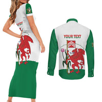 Personalised Wales Cardiff Capital Couples Matching Short Sleeve Bodycon Dress and Long Sleeve Button Shirt Welsh Dragon Glamorgan Flag Style - Wonder Print Shop