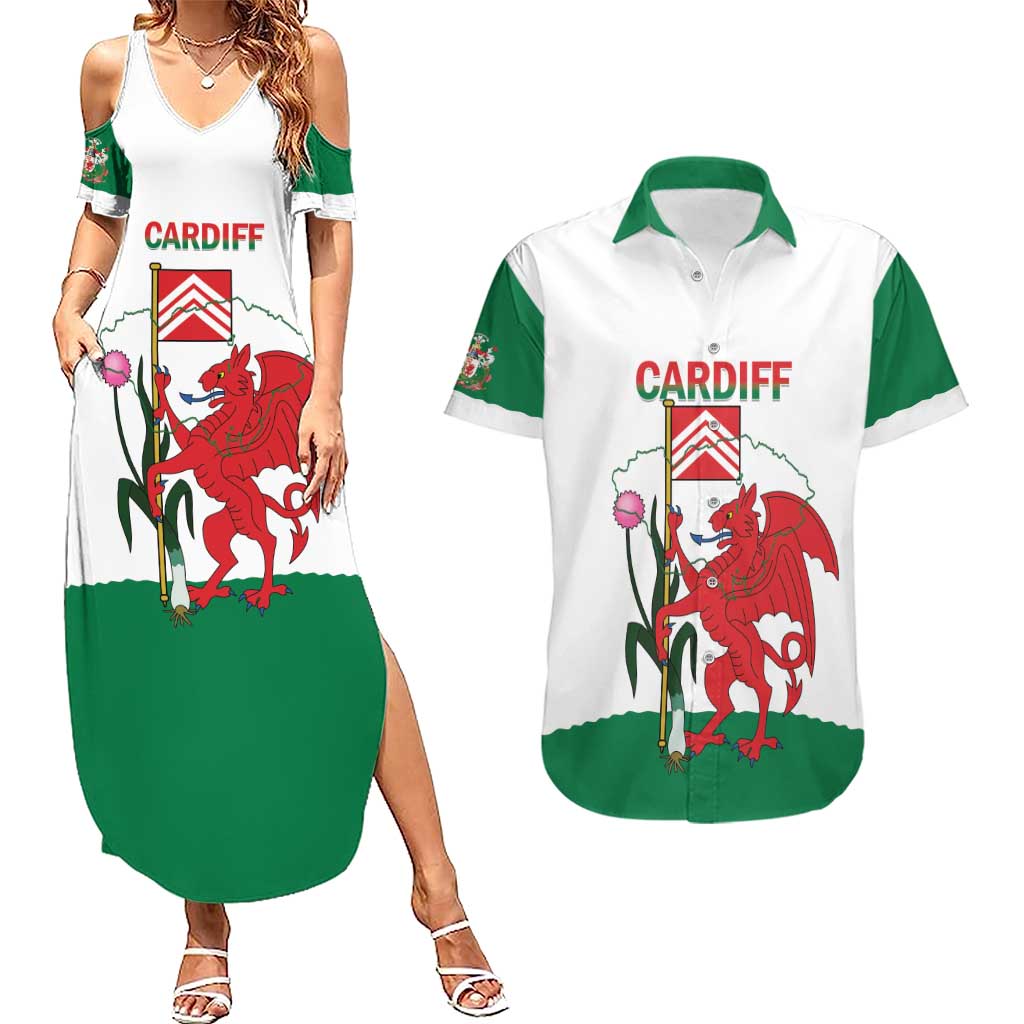 Personalised Wales Cardiff Capital Couples Matching Summer Maxi Dress and Hawaiian Shirt Welsh Dragon Glamorgan Flag Style - Wonder Print Shop