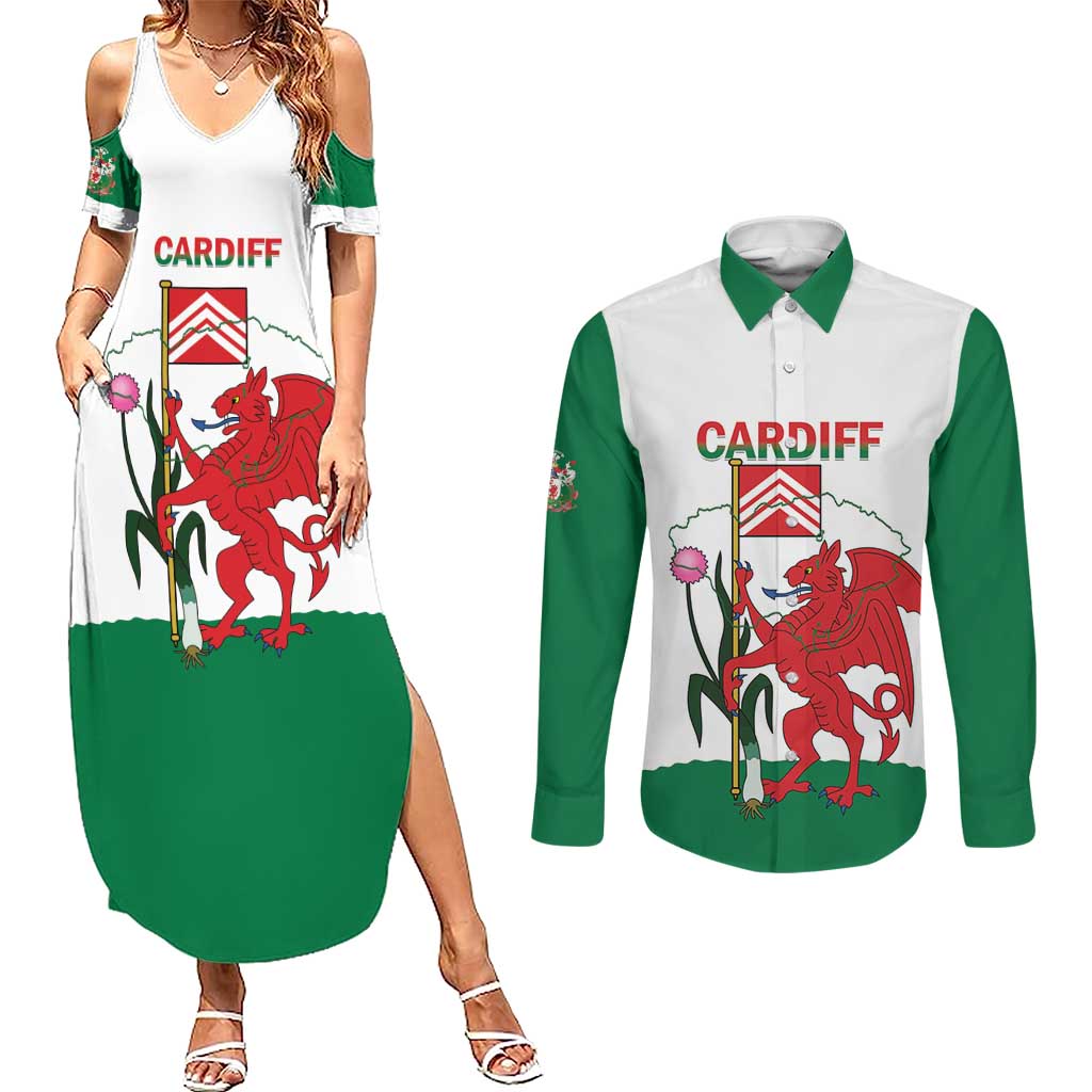 Personalised Wales Cardiff Capital Couples Matching Summer Maxi Dress and Long Sleeve Button Shirt Welsh Dragon Glamorgan Flag Style - Wonder Print Shop