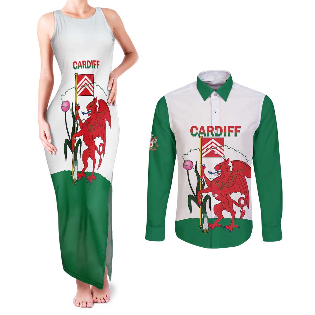 Personalised Wales Cardiff Capital Couples Matching Tank Maxi Dress and Long Sleeve Button Shirt Welsh Dragon Glamorgan Flag Style - Wonder Print Shop