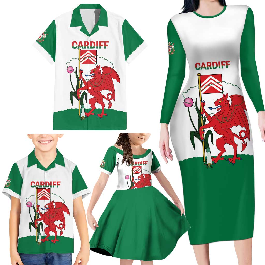 Personalised Wales Cardiff Capital Family Matching Long Sleeve Bodycon Dress and Hawaiian Shirt Welsh Dragon Glamorgan Flag Style - Wonder Print Shop