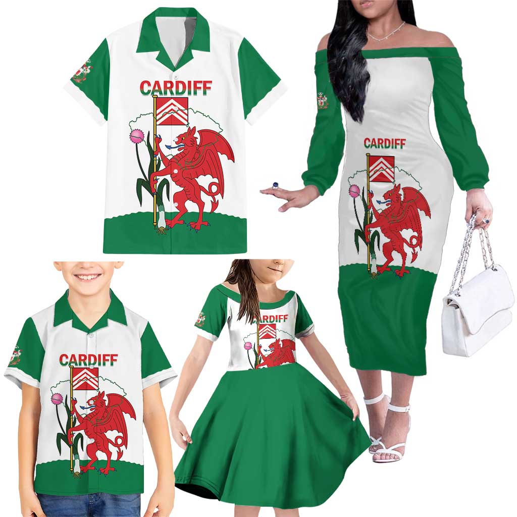 Personalised Wales Cardiff Capital Family Matching Off The Shoulder Long Sleeve Dress and Hawaiian Shirt Welsh Dragon Glamorgan Flag Style - Wonder Print Shop