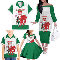 Personalised Wales Cardiff Capital Family Matching Off The Shoulder Long Sleeve Dress and Hawaiian Shirt Welsh Dragon Glamorgan Flag Style - Wonder Print Shop