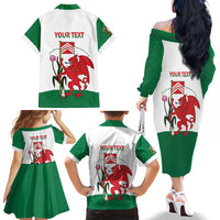 Personalised Wales Cardiff Capital Family Matching Off The Shoulder Long Sleeve Dress and Hawaiian Shirt Welsh Dragon Glamorgan Flag Style - Wonder Print Shop