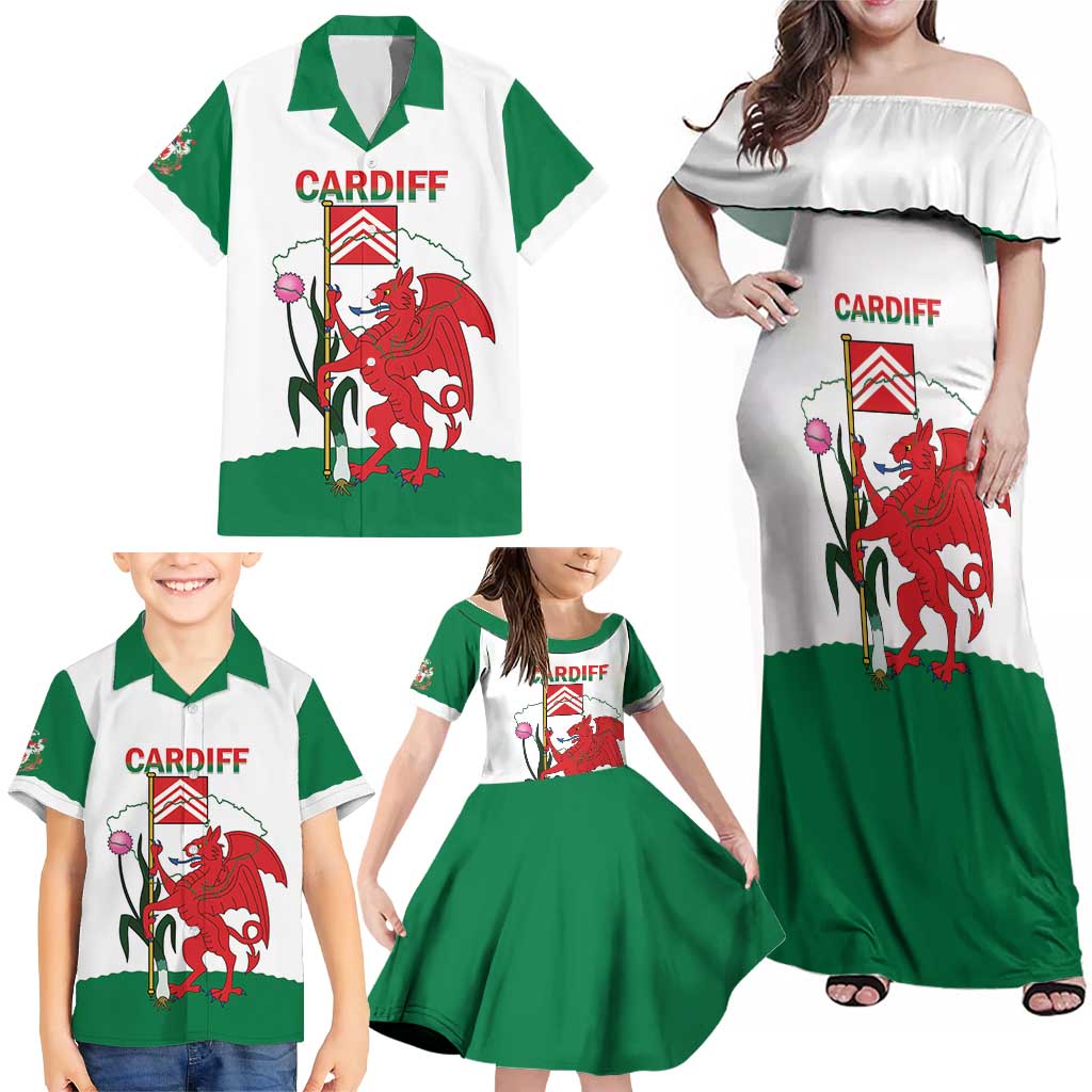 Personalised Wales Cardiff Capital Family Matching Off Shoulder Maxi Dress and Hawaiian Shirt Welsh Dragon Glamorgan Flag Style - Wonder Print Shop