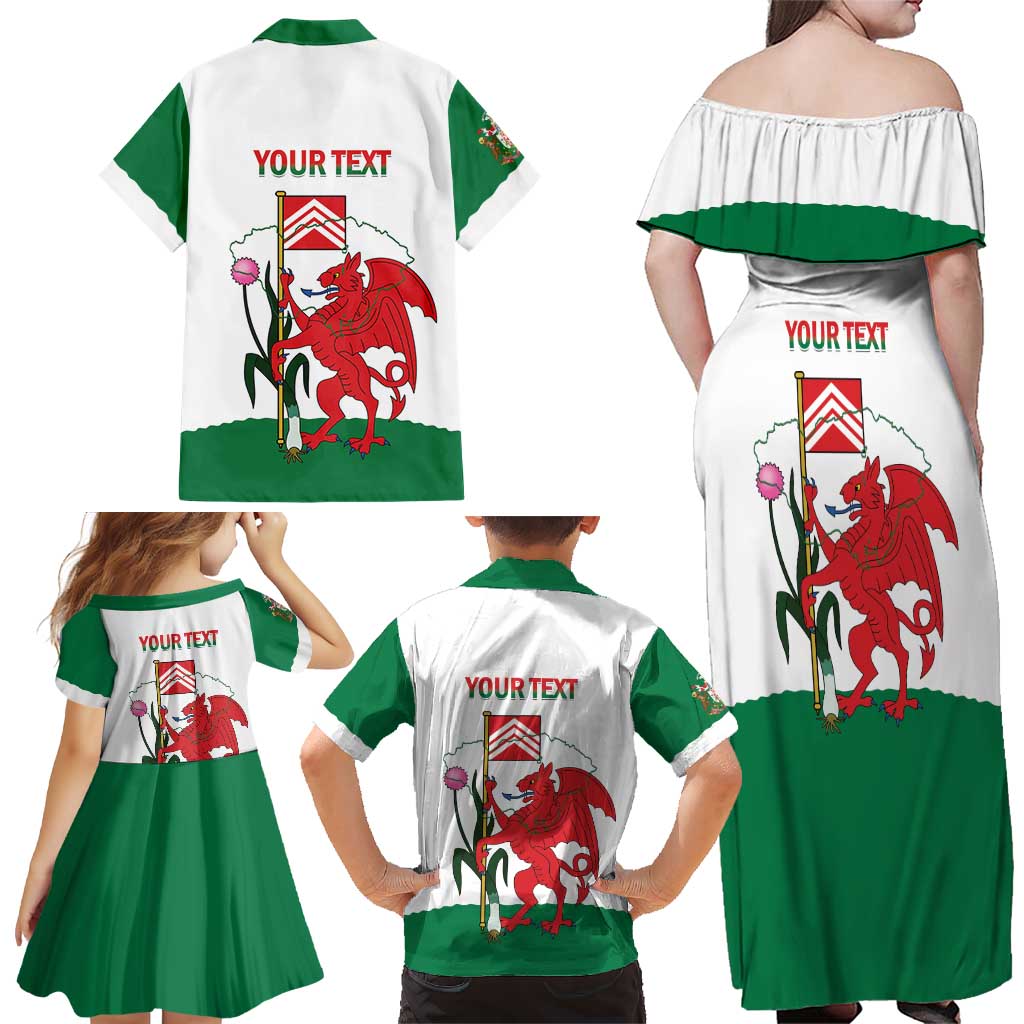 Personalised Wales Cardiff Capital Family Matching Off Shoulder Maxi Dress and Hawaiian Shirt Welsh Dragon Glamorgan Flag Style - Wonder Print Shop