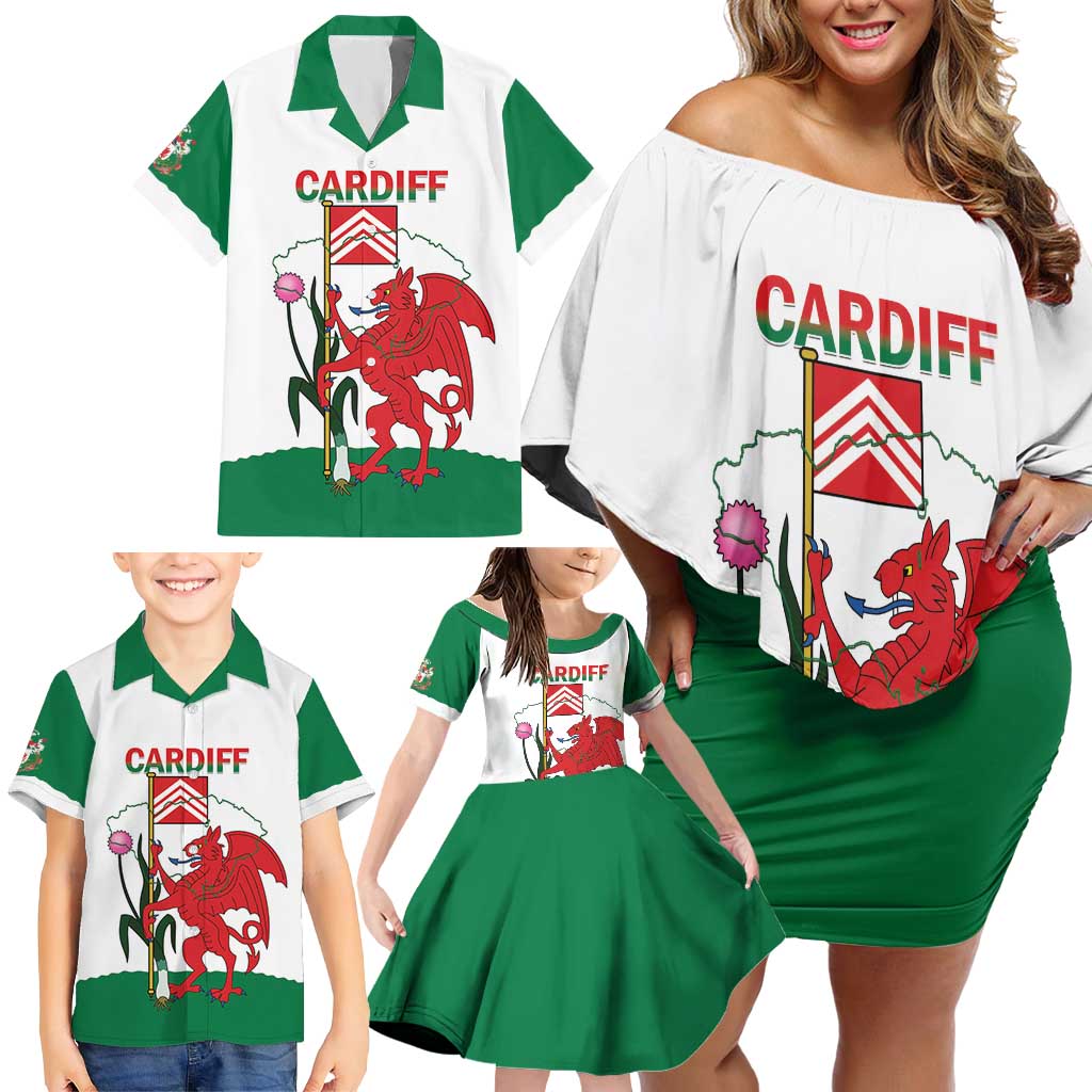 Personalised Wales Cardiff Capital Family Matching Off Shoulder Short Dress and Hawaiian Shirt Welsh Dragon Glamorgan Flag Style - Wonder Print Shop