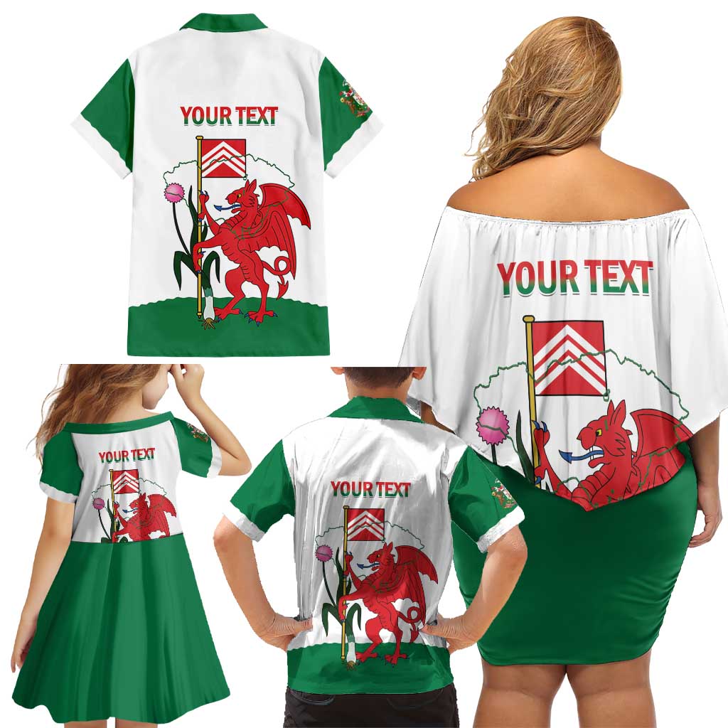 Personalised Wales Cardiff Capital Family Matching Off Shoulder Short Dress and Hawaiian Shirt Welsh Dragon Glamorgan Flag Style - Wonder Print Shop