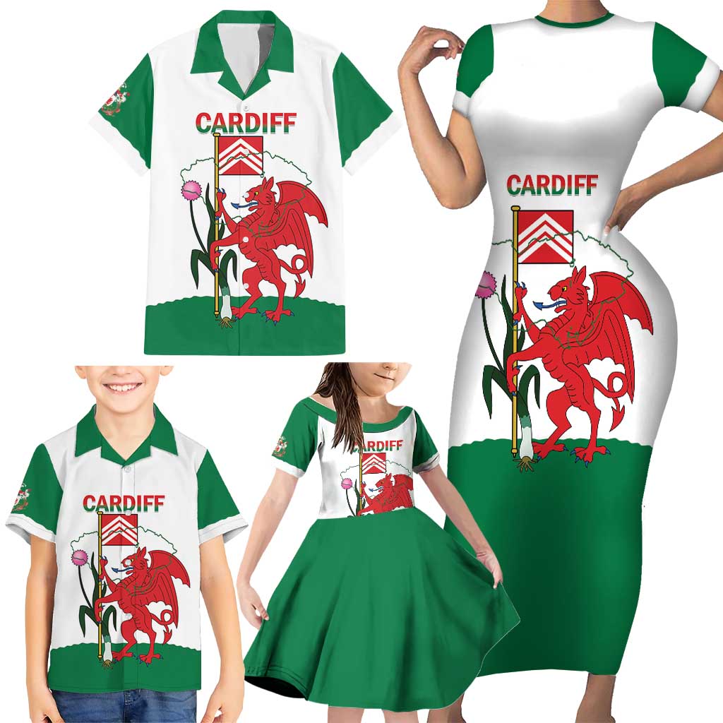 Personalised Wales Cardiff Capital Family Matching Short Sleeve Bodycon Dress and Hawaiian Shirt Welsh Dragon Glamorgan Flag Style - Wonder Print Shop