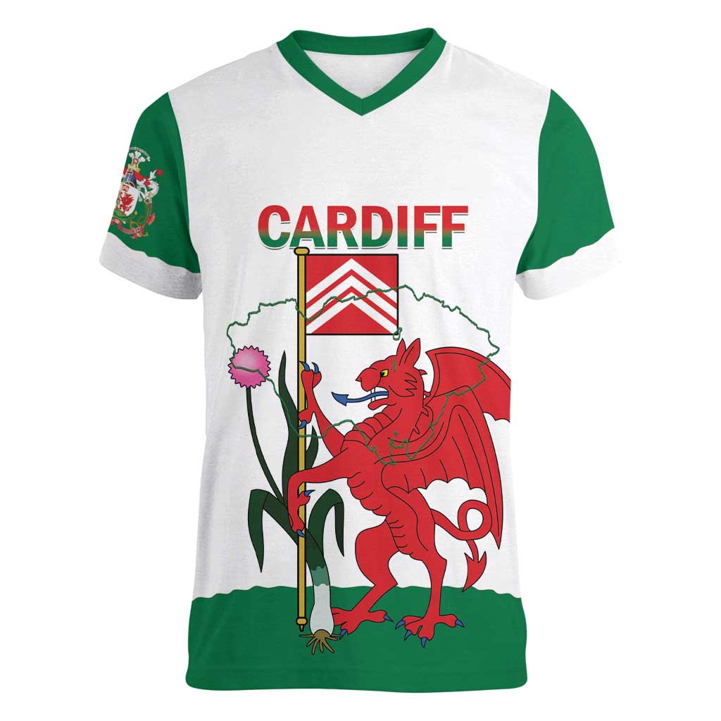 Personalised Wales Cardiff Capital Women V-Neck T-Shirt Welsh Dragon Glamorgan Flag Style - Wonder Print Shop